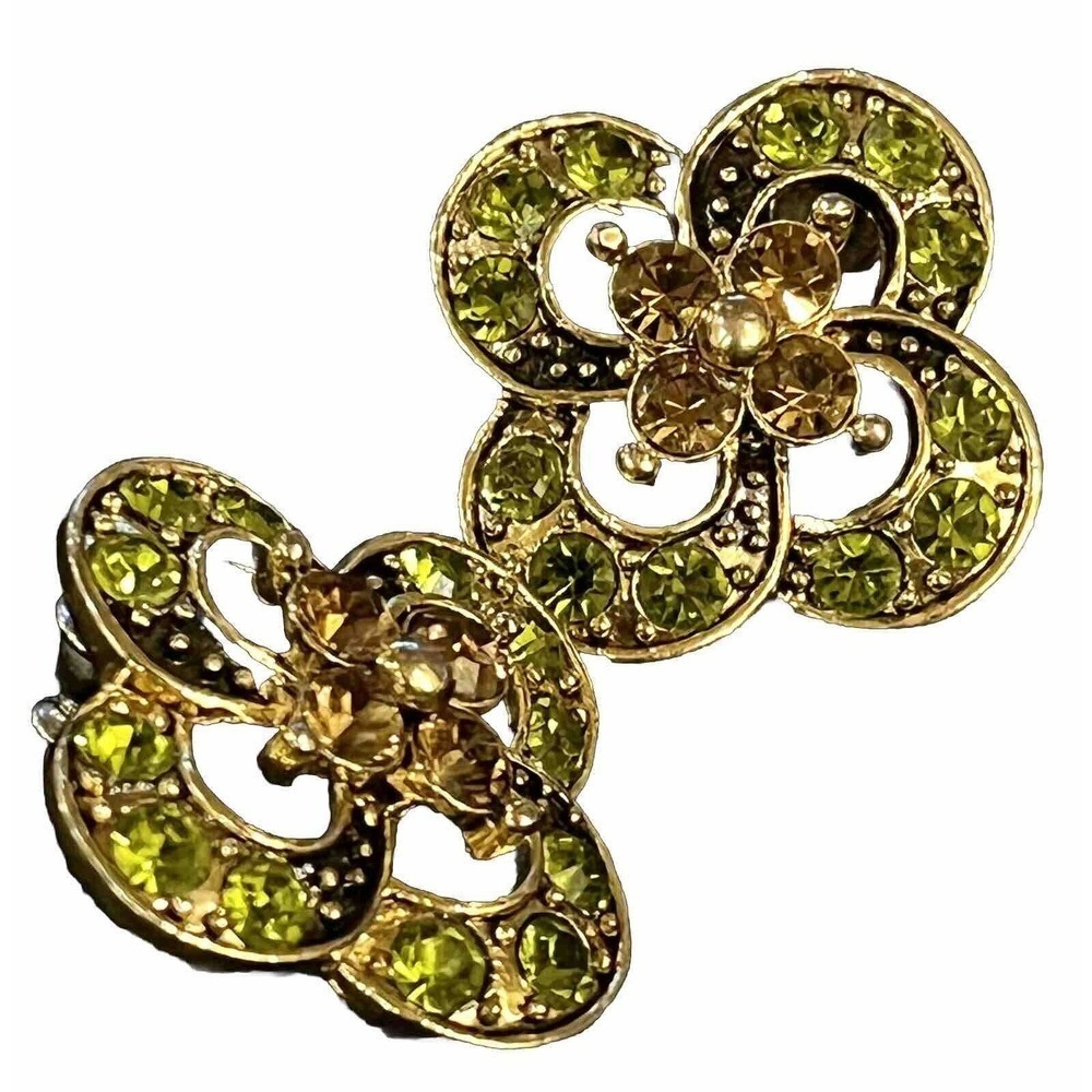 Vintage Green & Purple Stones Earring Set in Gold Tone Flower Stud Earrings
